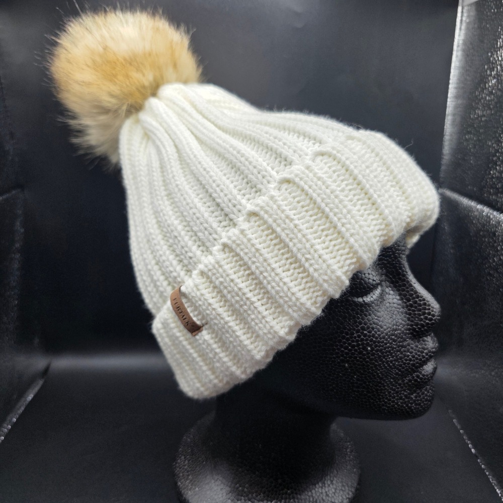 FURTALK Women Cream White Cable Knit Beanie Faux Fur Pom Pom Winter‎ Hat
